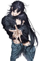 Rule 34 | 1boy, 1girl, absurdres, black hair, blue pants, blush, chamuring, crop top, from above, hands up, head rest, highres, hug, leaning on person, long hair, male focus, original, pants, sharp teeth, siblings, smile, straight hair, teeth, twins, upper teeth only, v, white eyes, wolf cut