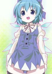 Rule 34 | 1girl, adapted costume, black thighhighs, blue eyes, blue hair, blush, bow, buttons, cirno, embellished costume, hair bow, highres, matching hair/eyes, open mouth, ribbon, shift (waage), short hair, simple background, solo, thighhighs, touhou, wings, zettai ryouiki