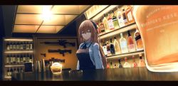 Rule 34 | 1girl, absurdres, alcohol, alternate costume, ar-15, bar (place), bartender, brown hair, butasanp, closed mouth, commentary request, expressionless, girls&#039; frontline, green eyes, grenade launcher, gun, hair between eyes, highres, indoors, letterboxed, light, long hair, long sleeves, makers mark, milkor mgl, open mouth, ponytail, rhum martinique, ribbon, rifle, scope, shirt, solo, springfield (girls&#039; frontline), weapon, white shirt