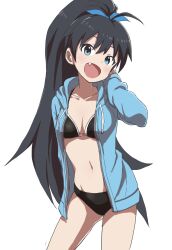 Rule 34 | 1girl, antenna hair, arm behind head, bikini, black bikini, black hair, blue eyes, blue hoodie, blue ribbon, blush, bow, breasts, cleavage, collarbone, cowboy shot, dot nose, fang, ganaha hibiki, hair bow, hair ribbon, hand up, highres, hood, hood down, hoodie, idolmaster, idolmaster (classic), idolmaster million live!, idolmaster million live! theater days, long hair, long sleeves, looking at viewer, medium breasts, navel, open clothes, open hoodie, open mouth, ponytail, ribbon, simple background, smile, solo, standing, swimsuit, white background, yamamoto souichirou