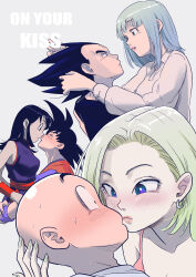 Rule 34 | 3boys, 3girls, about to kiss, absurdres, android 18, black hair, blonde hair, blue eyes, blue hair, blush, breasts, bulma, chi-chi (dragon ball), cleavage, closed eyes, couple, dougi, dragonball z, earrings, face-to-face, hand on another&#039;s head, hand on ass, highres, hug, jewelry, kuririn, looking at another, medium breasts, multiple boys, multiple girls, nervous, open mouth, son goku, sweat, vegeta