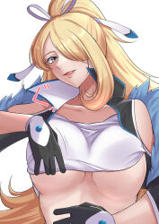 Rule 34 | 1girl, arm up, black gloves, blonde hair, breasts, clothes lift, collarbone, creatures (company), cynthia (pokemon), cynthia (sygna suit) (aura) (pokemon), fur trim, game freak, gloves, grey eyes, hair over one eye, hair ribbon, high ponytail, highres, kikyouta, large breasts, lifting own clothes, long hair, looking at viewer, nintendo, official alternate costume, parted lips, pokemon, pokemon masters ex, ribbon, shirt, shirt lift, simple background, solo, tongue, underboob, upper body, very long hair, vest, white background, white shirt