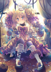 Rule 34 | 1girl, bad id, bad pixiv id, blonde hair, bow, breasts, canele, choker, crown, drill hair, food-themed clothes, gem, hair bow, long hair, original, personification, purple eyes, solo, striped clothes, striped thighhighs, thighhighs, vertical-striped clothes, vertical-striped thighhighs, window, yamadori yoshitomo