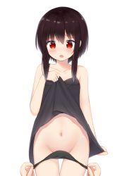 Rule 34 | 1girl, bare shoulders, black dress, black hair, black panties, blush, clothes lift, collarbone, commentary request, cowboy shot, dress, dress lift, hair between eyes, highres, holding, holding clothes, holding dress, kanekan, kono subarashii sekai ni shukufuku wo!, lifting own clothes, looking down, medium hair, megumin, navel, open mouth, panties, panty pull, pulling another&#039;s clothes, red eyes, sidelocks, simple background, solo focus, underwear, white background