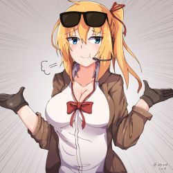 Rule 34 | 1girl, :t, ahoge, black-framed eyewear, black gloves, blonde hair, blush, bow, bowtie, breasts, brown coat, cleavage, closed mouth, coat, collarbone, collared shirt, commentary, dated, emphasis lines, eyewear on head, girls&#039; frontline, gloves, gradient background, grey background, hair between eyes, hair ribbon, hands up, headset, highres, kalina (girls&#039; frontline), large breasts, long hair, long sleeves, looking at viewer, loose neckwear, myumi, one side up, open clothes, open coat, red bow, red bowtie, red ribbon, ribbon, shirt, smile, solo, sunglasses, twitter username, upper body, white shirt, wing collar