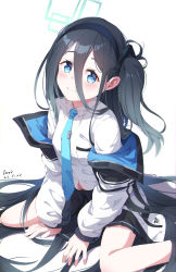 Rule 34 | 1girl, absurdly long hair, absurdres, anno (yukikaze 08), aris (blue archive), artist name, black hair, black hairband, blue archive, blue eyes, blue necktie, closed mouth, commentary, dated, hair between eyes, hairband, halo, highres, jacket, long hair, long hair between eyes, long sleeves, looking at viewer, navel, necktie, shirt, simple background, sitting, smile, very long hair, white background, white jacket, white shirt