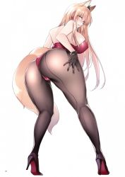 Rule 34 | 1girl, animal ears, ass, bare shoulders, black bow, black footwear, black gloves, black pantyhose, blonde hair, blush, bow, bowtie, breasts, detached collar, earrings, fox ears, fox girl, fox tail, from behind, gloves, hair between eyes, hair bow, hand on thigh, heart, heart earrings, high heels, highres, jewelry, large breasts, leaning forward, leotard, long hair, looking at viewer, looking back, nontraditional playboy bunny, original, pantyhose, playboy bunny, polka dot gloves, shizu-chan, shoes, shoulder blades, sideboob, skindentation, solo, tail, thighs, very long hair, yellow eyes, yukibuster z