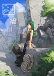 Rule 34 | 1girl, ar-15, assault rifle, backpack, bag, blurry, boots, city, cloud, day, depth of field, green eyes, green hair, gun, hatsune miku, kare huang, knee pads, post-apocalypse, rifle, ruins, sky, tree, vocaloid, weapon, wiping face, wiping sweat