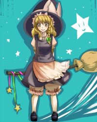 Rule 34 | 1girl, apron, aqua background, arms behind back, black footwear, black hat, black skirt, black vest, blonde hair, bloomers, blush, bow, braid, broom, closed mouth, eyebrows, female focus, frilled apron, frills, full body, green bow, hair between eyes, hair bow, hat, hat bow, hat ribbon, holding, holding broom, kirisame marisa, long hair, mary janes, mugishima orie, puffy short sleeves, puffy sleeves, red bow, red ribbon, ribbon, shirt, shoes, short sleeves, skirt, socks, solo, standing, star (symbol), touhou, turtleneck, underwear, vest, waist apron, white apron, white bloomers, white bow, white ribbon, white shirt, white socks, wind, witch hat