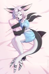 Rule 34 | 1girl, animal ears, barefoot, bed sheet, black skin, bloomers, blue bloomers, blue eyes, blue shirt, blush, claws, closed mouth, colored skin, commission, dakimakura (medium), fang, fang out, female focus, fins, fish tail, flat chest, from above, furry, furry female, grey hair, half-closed eye, heart, heart-shaped pupils, highres, legs together, lying, methynecros, midriff, multicolored skin, navel, hugging object, on side, one eye closed, original, pajamas, pillow, pillow hug, pink background, puffy short sleeves, puffy sleeves, shark girl, shark tail, shiny skin, shirt, short hair, short sleeves, sidelocks, skin fang, sleepy, snout, solo, stomach, symbol-shaped pupils, tail, two-tone skin, underwear, white skin
