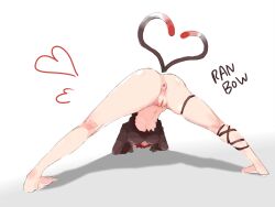 Rule 34 | 1girl, all fours, anus, artist name, ass, barefoot, black shirt, bottomless, breasts, cat tail, commentary, from behind, full body, hanging breasts, heart, heart tail, highres, jack-o&#039; challenge, kaenbyou rin, large breasts, leg ribbon, legs, multiple tails, navel, pussy, red hair, ribbon, shadow, shirt, simple background, skindentation, solo, spread legs, tail, touhou, uncensored, underboob, white background, zhenhong