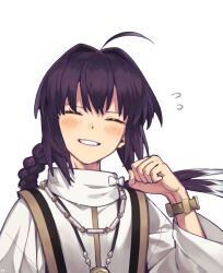 Rule 34 | 1other, ahoge, braid, clenched hand, closed eyes, fate/samurai remnant, fate (series), hair intakes, highres, jewelry, long hair, mitsurugi sugar, necklace, pendant, smile, white background, yamato takeru (fate)