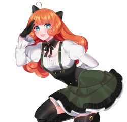 Rule 34 | 1girl, absurdres, ahoge, android, arms behind back, artist name, blue eyes, blush, breasts, commentary, english commentary, freckles, gloves, highres, long hair, long sleeves, looking at viewer, open mouth, orange hair, penny polendina, power symbol, rwby, salute, simple background, skirt, small breasts, solo, sunnypoppy, thighhighs, watermark, white background