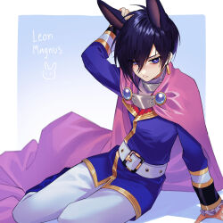 Rule 34 | 1boy, absurdres, animal ears, arm support, belt, bishounen, black hair, blue background, blush, boots, border, cape, character name, earrings, edo-sama, embarrassed, eyelashes, facing viewer, gradient background, hair between eyes, highres, jewelry, leon magnus, male focus, outside border, pants, parted lips, pink cape, purple eyes, rabbit boy, rabbit ears, ringed eyes, shadow, short hair, single earring, sitting, tales of (series), tales of destiny, white belt, white border, white pants