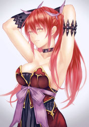 Rule 34 | 1girl, armpits, arms up, bad id, bad pixiv id, black gloves, breasts, choker, cleavage, gloves, grey background, hair ribbon, large breasts, long hair, mstm, original, red hair, ribbon, solo, twintails, upper body, yellow eyes