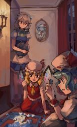 3girls, absurdres, arm support, blonde hair, blue hair, candle, candlelight, candlestand, cirno, commentary, crystal, english commentary, fire, flame, flandre scarlet, full moon, glowing, glowing wings, hat, hat ribbon, highres, holding, holding tray, huge filesize, indoors, izayoi sakuya, kornod, mob cap, moon, multiple girls, night, open mouth, picture (object), portrait (object), profile, puzzle, puzzle piece, red ribbon, red skirt, red vest, remilia scarlet, ribbon, ribbon-trimmed headwear, ribbon trim, sconce, siblings, sidelocks, silver hair, sisters, sitting, skirt, skirt set, standing, touhou, tray, vest, window, wings, yellow neckwear