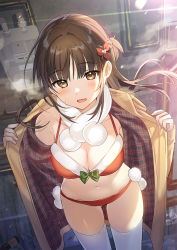 Rule 34 | 1girl, armpit crease, bikini, breasts, breath, brown coat, brown eyes, brown hair, christmas, cleavage, coat, cowboy shot, front-tie bikini top, front-tie top, fur collar, hair ornament, long hair, long sleeves, looking at viewer, medium breasts, navel, one side up, open clothes, open coat, open mouth, original, red bikini, santa bikini, side-tie bikini bottom, sidelocks, solo, standing, stomach, string bikini, sweat, swimsuit, tan (tangent), thighhighs, thighs, undressing, white thighhighs