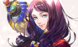 Rule 34 | 1girl, animal, animal on shoulder, bird, bird on shoulder, blue eyes, closed mouth, commentary request, eyelashes, fate/grand order, fate (series), grey background, leonardo da vinci (fate), long hair, looking at viewer, parted bangs, portrait, purple hair, robot, simple background, smile, solo, tenobe