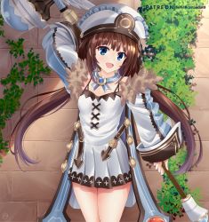 Rule 34 | 1girl, :d, arm up, artist name, blanc (neptunia), blanc (neptunia) (cosplay), blue eyes, breasts, brick wall, brown hair, cosplay, detached sleeves, dress, helvetica std, highres, hinatsuru ai, long hair, long sleeves, looking at viewer, low twintails, neptune (series), open mouth, outdoors, ryuuou no oshigoto!, small breasts, smile, standing, twintails, very long hair, watermark, white dress, white headwear, wide sleeves