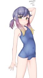 Rule 34 | 1girl, absurdres, arm behind head, blue one-piece swimsuit, covered navel, cowboy shot, dated, flat chest, gradient hair, highres, kantai collection, maru (marg0613), multicolored hair, one-piece swimsuit, orange hair, purple eyes, purple hair, school swimsuit, short hair, sidelocks, signature, simple background, solo, swimsuit, tsushima (kancolle), twitter username, white background