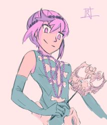 Rule 34 | 10s, 1girl, adapted costume, circlet, elbow gloves, gloves, jakuzure nonon, jewelry, kill la kill, mask, necklace, pearl necklace, pink eyes, pink hair, roman imperial, smile, solo
