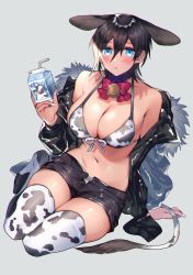 Rule 34 | 1girl, :&lt;, alternate species, animal ears, animal print, arm support, bare shoulders, bell, bendy straw, bikini, bikini under clothes, black hair, black jacket, black nails, black shorts, blue eyes, blush, bow, bowtie, breasts, cleavage, closed mouth, collar, collarbone, cow ears, cow girl, cow print, cow tail, cowbell, drinking straw, front-tie bikini top, front-tie top, full body, glint, grey background, hair between eyes, halterneck, hand up, highres, holding, jacket, juice box, large breasts, long sleeves, milk, multicolored nails, nail polish, neck bell, off shoulder, open fly, original, print bikini, print thighhighs, red bow, red bowtie, shino yoshihisa, shiny clothes, short hair, shorts, simple background, sitting, skindentation, solo, string bikini, swimsuit, tail, thighhighs, white nails, yokozuwari