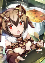 Rule 34 | 10s, 1girl, :o, absurdres, adapted costume, alternate breast size, arm warmers, armor, armored dress, breasts, brown dress, brown gloves, brown hair, commentary request, cooking, curry, detached sleeves, dress, dutch angle, eurasian eagle owl (kemono friends), food, food on face, from above, fur collar, gloves, hair between eyes, headgear, highres, holding, holding spoon, holding tray, hourglass, indoors, kemono friends, light particles, looking at viewer, medium breasts, multicolored hair, open mouth, orange eyes, pot, rice, short hair, solo, spoon, standing, table, tray, two-tone hair, wooden spoon, zelitto