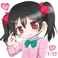 Rule 34 | 1girl, artist name, artist request, black hair, blush, bow, bowtie, breasts, cardigan, collared shirt, female focus, green bow, green bowtie, hair between eyes, hair bow, heart, jacket, long hair, long sleeves, looking at viewer, love live!, love live! school idol project, m/, nail, nail polish, nico nico nii, otonokizaka school uniform, parted lips, pink cardigan, pink jacket, pink nails, pink shirt, red bow, red eyes, school uniform, shirt, short hair, short twintails, small breasts, smile, solo, striped bow, striped bowtie, striped clothes, twintails, upper body, v-shaped eyebrows, white background, yazawa nico