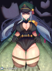 Rule 34 | 1girl, absurdres, aged up, belt, black gloves, black thighhighs, blurry, book, boots, breasts, cleavage, cleavage cutout, clothing cutout, coat, commentary, cowboy shot, depth of field, epaulettes, fate/grand order, fate (series), full body, gloves, gluteal fold, green footwear, green thighhighs, groin, hat, helena blavatsky (fate), hexagram, highres, large breasts, leotard, lifted by self, lingerie, long hair, looking at viewer, military hat, open book, orphen (pink seito), peaked cap, purple eyes, simple background, smile, solo, teddy (lingerie), thigh boots, thighhighs, underwear, watermark, web address, white background, white hair