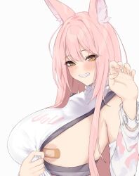 Rule 34 | 1girl, animal ear fluff, animal ears, areola slip, armpit peek, bandaid, bandaids on nipples, breasts, claw pose, clothes pull, commentary request, dera self, detached sleeves, goddess of victory: nikke, grin, hair between eyes, hand up, highres, large breasts, leona (nikke), long hair, looking at viewer, pasties, pink hair, pulling own clothes, shirt, shirt pull, sideboob, sideless outfit, sideless shirt, simple background, smile, solo, turtleneck, turtleneck shirt, upper body, white background, white shirt, white sleeves, yellow eyes