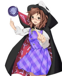 Rule 34 | 1girl, :d, brown eyes, brown hair, cape, clothes writing, glasses, hat, highres, occult ball, open mouth, red-framed eyewear, shahha, shirt, simple background, skirt, smile, solo, touhou, usami sumireko, vest
