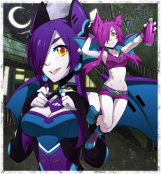 Rule 34 | 2girls, bat wings, borrowed character, bracelet, breasts, buck teeth, chuunioniika, cleavage, colored sclera, colored skin, creatures (company), crescent moon, crobat, fingerless gloves, game freak, gen 2 pokemon, gloves, highres, jewelry, large breasts, medium breasts, midriff, moon, multiple girls, nail polish, navel, nintendo, pale skin, parted lips, personification, pink eyes, pink hair, pink nails, pokemon, purple hair, purple nails, short shorts, shorts, sports bra, spray can, teeth, thigh gap, two side up, white skin, wings, yellow sclera