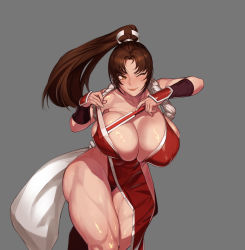 Rule 34 | 1girl, absurdres, blush, breasts, brown eyes, brown hair, cleavage, fatal fury, female focus, gloves, hand fan, highres, holding, holding fan, huge breasts, long hair, matching hair/eyes, muscular legs, ninja, one eye closed, ponytail, revealing clothes, shiranui mai, smile, snk, the king of fighters, thick thighs, thighs, thong, titatuem, wink