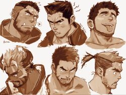 Rule 34 | 6+boys, anger vein, angry, another eidos-r, aroused, bara, baran (another eidos), beard, beard stubble, collarbone, demon horns, earrings, eyebrow cut, facial hair, fangs, flustered, heart, hellion (another eidos), highres, horns, jewelry, male focus, monochrome, multiple boys, muscular, muscular male, nervous sweating, one eye closed, open mouth, orc, original, pointy ears, ponytail, portrait, satan (another eidos), short hair, sideburns, sinbad (another eidos), smile, spoken heart, stubble, suamaru, sweat, thick eyebrows, tongue, tongue out, undercut, young hellion (another eidos)