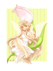 Rule 34 | 00s, 1girl, aiji (lostheaven), bad id, bad pixiv id, barefoot, blonde hair, butterfly wings, chii, chobits, dress, flower, green background, insect wings, long hair, looking at viewer, outside border, robot ears, signature, sleeveless, sleeveless dress, smile, solo, tulip, very long hair, wings, yellow eyes