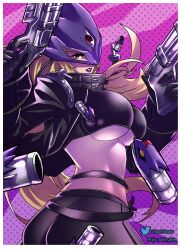Rule 34 | 1girl, ass, beelstarmon, belt, belt collar, black gloves, black jacket, black mask, black pants, black scarf, blonde hair, breasts, bullet, collar, commentary, commentary typo, cowboy shot, cropped vest, digimon, digimon (creature), dual wielding, english commentary, eye mask, finger on trigger, gift art, gloves, gun, halftone, halftone background, hands up, highres, holding, holding gun, holding weapon, jacket, large breasts, leather, leather jacket, leather pants, lipstick, long hair, long sleeves, looking at viewer, makeup, mask, open clothes, open jacket, pants, parted lips, pixiv username, purple background, purple eyes, purple lips, richard park, scarf, sidelocks, solo, standing, stomach, third eye, tight clothes, tight pants, twisted torso, twitter username, underboob, vest, weapon