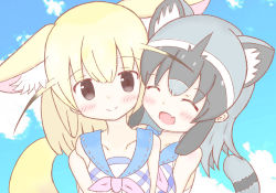 Rule 34 | 2girls, :d, ^ ^, animal ear fluff, animal ears, bare shoulders, black eyes, black hair, blonde hair, blue sailor collar, blue sky, blush, closed eyes, closed mouth, cloud, collarbone, commentary request, common raccoon (kemono friends), day, dress, fang, fennec (kemono friends), fox ears, fox girl, fox tail, grey hair, hair between eyes, kemono friends, multicolored hair, multiple girls, open mouth, outdoors, raccoon ears, raccoon girl, raccoon tail, ribbon trim, sailor collar, sailor dress, sky, sleeveless, sleeveless dress, smile, sunanuko (ramuneko), tail, two-tone hair, upper body, white dress, white hair