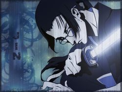 Rule 34 | 00s, 1boy, blue theme, character name, glasses, japanese clothes, jin (samurai champloo), katana, long hair, looking at viewer, male focus, monochrome, ponytail, samurai champloo, solo, sword, text focus, unsheathed, wallpaper, weapon