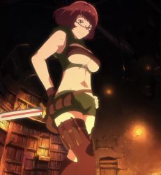 Rule 34 | 10s, 1girl, armpits, barbara (grimgar), bookshelf, breasts, brown hair, glasses, hai to gensou no grimgar, hand on own hip, highres, indoors, large breasts, midriff, screencap, smile, solo, standing, stitched, stomach, sword, third-party edit, underboob, weapon