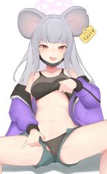 Rule 34 | 1girl, absurdres, animal ears, aoi mochio, black bra, black legwear, black mask, black panties, blush, bra, bra lift, copyright request, cowboy shot, ear tag, fang, green shorts, grey hair, highres, jacket, lifted by self, long hair, looking at viewer, mask pull, mouse ears, navel, off shoulder, open clothes, open fly, open jacket, open mouth, panties, purple jacket, red eyes, shorts, solo, spread legs, stomach, thick eyebrows, underwear