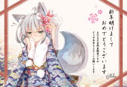 Rule 34 | 1girl, ahoge, animal ear fluff, animal ears, arm up, blue kimono, blush, closed mouth, commentary request, coreytaiyo, flower, flying sweatdrops, fur collar, green eyes, grey hair, hair between eyes, hair flower, hair ornament, hand up, highres, japanese clothes, kimono, long sleeves, looking at viewer, nengajou, new year, nose blush, original, pink flower, print kimono, signature, solo, tail, tail raised, translation request, wide sleeves, wolf ears, wolf tail