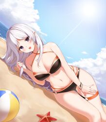 Rule 34 | 1girl, :d, ball, bare shoulders, beach, beachball, bikini, black bikini, black eyes, blue sky, bracelet, breasts, cleavage, closers, cloud, dutch angle, feet out of frame, hand on own thigh, hand up, highres, holding, holding hair, jewelry, large breasts, levia (closers), long hair, looking at viewer, lying, navel, no pupils, o-ring, o-ring bikini, o-ring bottom, o-ring thigh strap, o-ring top, ocean, official art, on side, open mouth, outdoors, pointy ears, sand, sky, smile, solo, starfish, stomach, sun, swimsuit, thigh strap, white hair