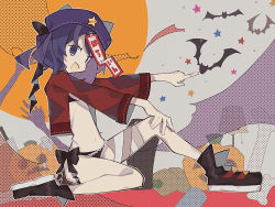 Rule 34 | 1girl, adapted costume, bandaged leg, bandages, bat (animal), black bow, black bra, black footwear, black panties, blue hair, blue headwear, bone, boots, bow, bra, coffin, commentary request, full body, grey background, halloween, hand on own knee, hat ornament, hatsushiro mamimu, highres, jack-o&#039;-lantern, knee up, knife, lamp, long sleeves, looking at viewer, miyako yoshika, open mouth, outstretched arms, panties, pointing, red shirt, sharp teeth, shirt, short hair, sitting, smile, solo, star (symbol), talisman, teeth, touhou, underwear