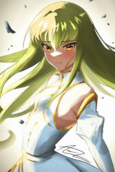 Rule 34 | 1girl, absurdres, armpits, awz (a-w-z), bare shoulders, belt, blush, bodysuit, breasts, brown eyes, c.c., code geass, commentary, commentary request, cowboy shot, crossed bangs, detached sleeves, dress, english commentary, from side, green hair, head tilt, highres, light smile, long hair, looking at viewer, messy hair, pleated dress, sideboob, signature, sleeveless, sleeveless dress, small breasts, smile, solo, upper body, very long hair, white background, white belt, white bodysuit, white dress, white sleeves