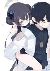 Rule 34 | 1boy, 1girl, absurdres, bags under eyes, bare legs, black hair, black shirt, blush, braid, braided bun, butterfly hair ornament, carrying, coat, double bun, glasses, hair bun, hair ornament, halo, hetero, highres, kisaki (blue archive), lanyard, looking at another, pearlgang e, piggyback, problem solver sensei (blue archive), rectangular eyewear, sensei (blue archive), shirt, simple background, twintails, white background, white coat