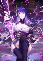 Rule 34 | 1girl, absurdres, armor, black thighhighs, braid, breasts, bridal gauntlets, cleavage, coattails, commentary request, electricity, floral print, flower, foreshortening, genshin impact, hair ornament, highres, holding, holding sword, holding weapon, japanese clothes, kimono, large breasts, linreplica, long hair, long sleeves, looking at viewer, mitsudomoe (shape), mole, mole under eye, nail polish, obi, obiage, obijime, parted lips, petals, petals on liquid, purple eyes, purple flower, purple hair, purple nails, purple thighhighs, raiden shogun, ribbon, sash, shoulder armor, solo, sword, tassel, thighhighs, tomoe (symbol), water, weapon, wide sleeves