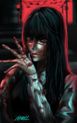 Rule 34 | 1girl, absurdres, black hair, blood, blood on clothes, blood on face, blood on hands, chainsaw man, demon girl, fourth east high school uniform, ganryu, highres, horror (theme), light smile, long hair, looking at viewer, red eyes, ringed eyes, scar, scar on face, school uniform, signature, yoru (chainsaw man)
