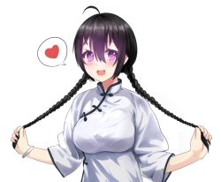 Rule 34 | ahoge, alternate hairstyle, bad id, bad pixiv id, beifeng han, black hair, braid, breasts, china dress, chinese clothes, dress, glowing, grabbing another&#039;s hair, hair between eyes, holding, holding own hair, large breasts, long hair, miyaura sanshio, open mouth, original, purple eyes, short sleeves, solo, twin braids, white dress