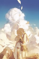 Rule 34 | 1boy, 1girl, blonde hair, bow, cloud, day, closed eyes, hair bow, hand on another&#039;s head, kagamine len, kagamine rin, leaning on person, short hair, siblings, sky, smile, spencer sais, twins, vocaloid, wind
