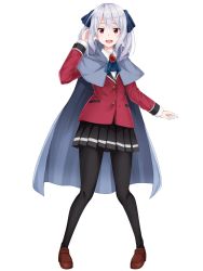 Rule 34 | 1girl, :d, black pantyhose, black skirt, blazer, blue neckwear, blush, brooch, brown footwear, buttons, cierra runis, collared shirt, commentary request, full body, grey cloak, hair ribbon, hand up, highres, hood, hood down, jacket, jewelry, loafers, long hair, long sleeves, looking at viewer, miniskirt, open mouth, overidea, pantyhose, pleated skirt, red eyes, red jacket, ribbon, ryucchi, school uniform, shirt, shoes, silver hair, simple background, skirt, smile, solo, standing, twintails, undershirt, virtual youtuber, white background, white shirt, wing collar